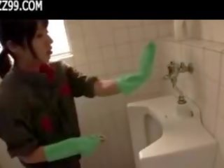 Mosaic: bewitching cleaner gives geek bukkake in lavatory 01