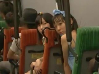 Pair Nice Dolls Oral Fuck Some Sleeping Guy's shaft In A Public Bus